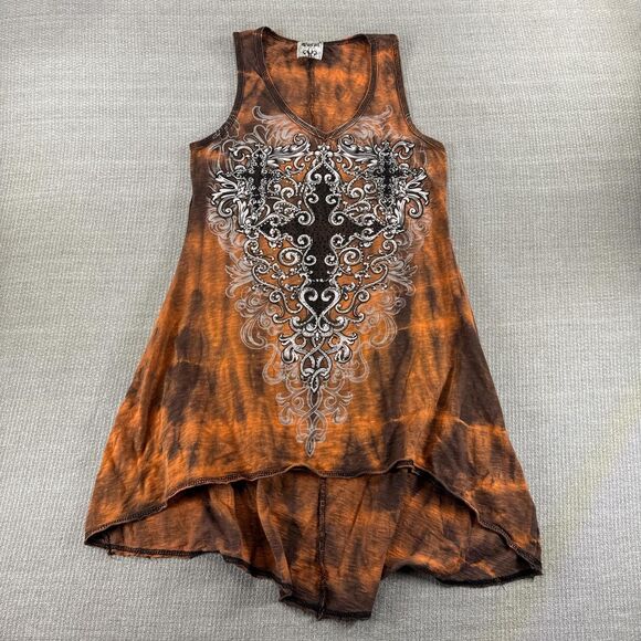 Vintage Grunge Long Tank Top Orange Tie Dye Black Cross Rhinestone Bling Y2K - Picture 1 of 8